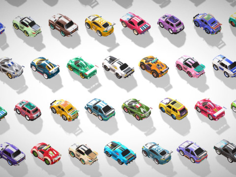 Tiny Sports Car Pack - 66 Low Poly Cute Toon Style Mini Racing Cars Chibi Style Modelo 3D
