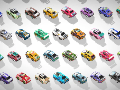 Tiny Sports Car Pack - 66 Low Poly Cute Toon Style Mini Racing Cars Chibi Style 3D Model
