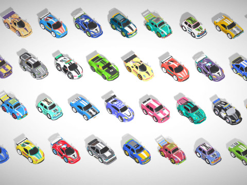Tiny Sports Car Pack - 66 Low Poly Cute Toon Style Mini Racing Cars Chibi Style Modelo 3D