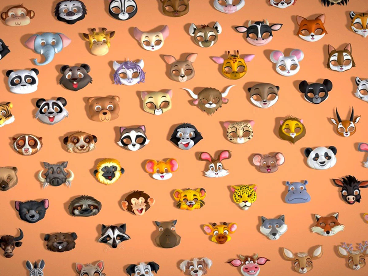 95 Animal Mask Mega Pack - Maski dziecięce Low Poly - Zestaw stylizowanych masek zwierzęcych Toon Model 3D .c4d .max .obj .3ds .fbx .stl .blend 