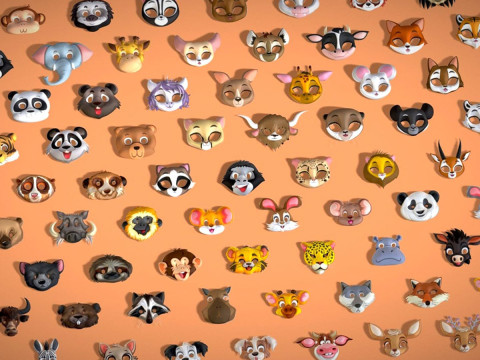 95 Animal Mask Mega Pack - Kids Masks Low Poly - Stylized Toon Animal Masks Set Modèle 3D