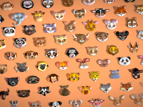 95 Animal Mask Mega Pack - Maski dziecięce Low Poly - Zestaw stylizowanych masek zwierzęcych Toon Model 3D