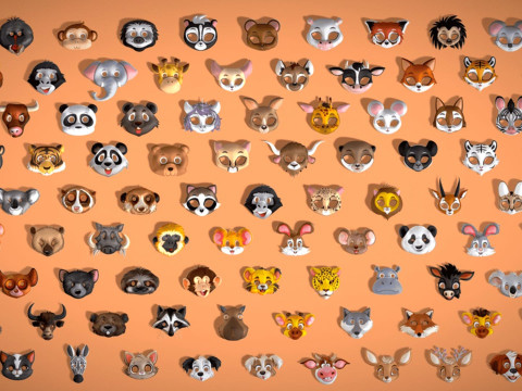 95 Animal Mask Mega Pack - Kids Masks Low Poly - Stylized Toon Animal Masks Set 3D Модель