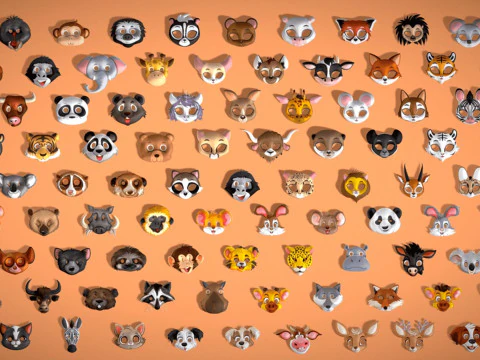 95 Animal Mask Mega Pack - Maski dziecięce Low Poly - Zestaw stylizowanych masek zwierzęcych Toon Model 3D