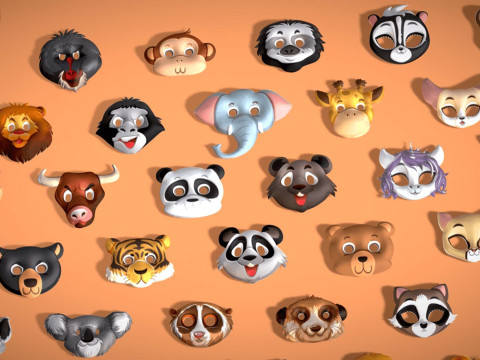 95 Animal Mask Mega Pack - Kids Masks Low Poly - Stylized Toon Animal Masks Set 3D Модель