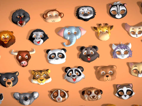 95 Animal Mask Mega Pack - Maski dziecięce Low Poly - Zestaw stylizowanych masek zwierzęcych Toon Model 3D