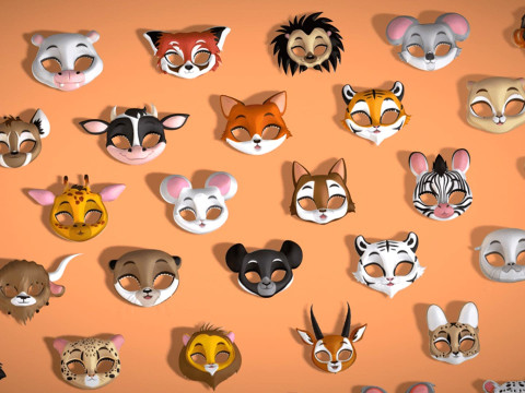 95 Animal Mask Mega Pack - Kids Masks Low Poly - Stylized Toon Animal Masks Set 3D Модель