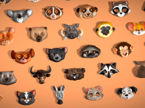 95 Animal Mask Mega Pack - Kids Masks Low Poly - Stylized Toon Animal Masks Set 3D Модель