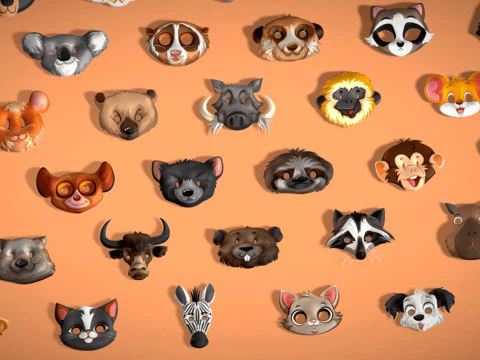 95 Animal Mask Mega Pack - Maski dziecięce Low Poly - Zestaw stylizowanych masek zwierzęcych Toon Model 3D
