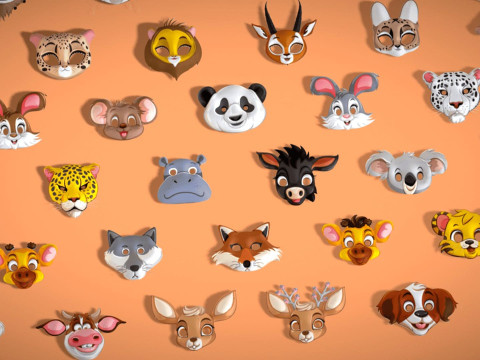 95 Animal Mask Mega Pack - Kids Masks Low Poly - Stylized Toon Animal Masks Set 3D Модель