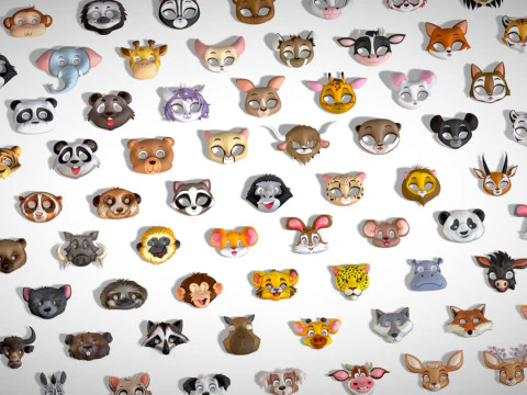 95 Animal Mask Mega Pack - Maski dziecięce Low Poly - Zestaw stylizowanych masek zwierzęcych Toon Model 3D