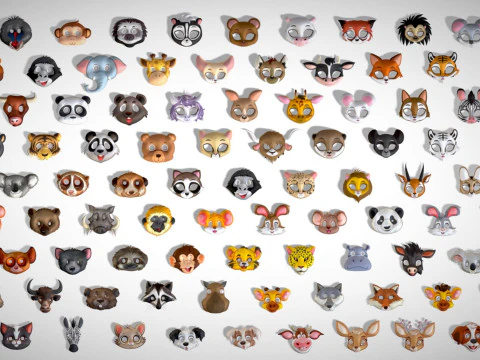 95 Animal Mask Mega Pack - Maski dziecięce Low Poly - Zestaw stylizowanych masek zwierzęcych Toon Model 3D