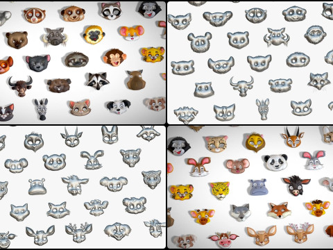 95 Animal Mask Mega Pack - Kids Masks Low Poly - Stylized Toon Animal Masks Set 3D Модель