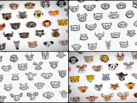 95 Animal Mask Mega Pack - Maski dziecięce Low Poly - Zestaw stylizowanych masek zwierzęcych Toon Model 3D