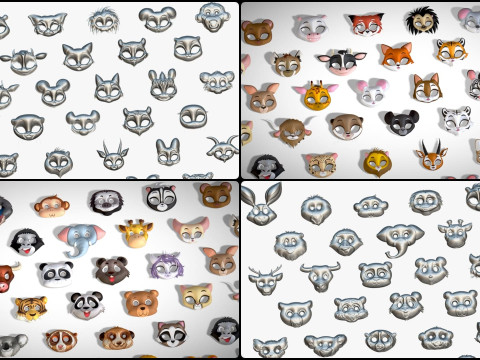 95 Animal Mask Mega Pack - Kids Masks Low Poly - Stylized Toon Animal Masks Set 3D Модель