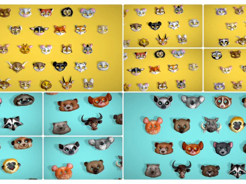 95 Animal Mask Mega Pack - Maski dziecięce Low Poly - Zestaw stylizowanych masek zwierzęcych Toon Model 3D