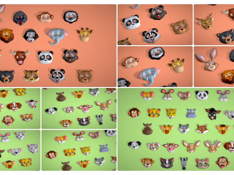 95 Animal Mask Mega Pack - Kids Masks Low Poly - Stylized Toon Animal Masks Set 3D Модель