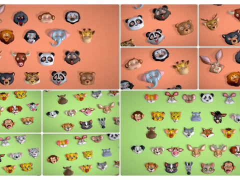 95 Animal Mask Mega Pack - Maski dziecięce Low Poly - Zestaw stylizowanych masek zwierzęcych Toon Model 3D