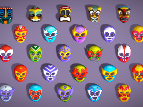 25 Kids Evil Mask Pack 2 - Cartoon Low Poly Mask - Stylized Costume Masks Set Modèle 3D