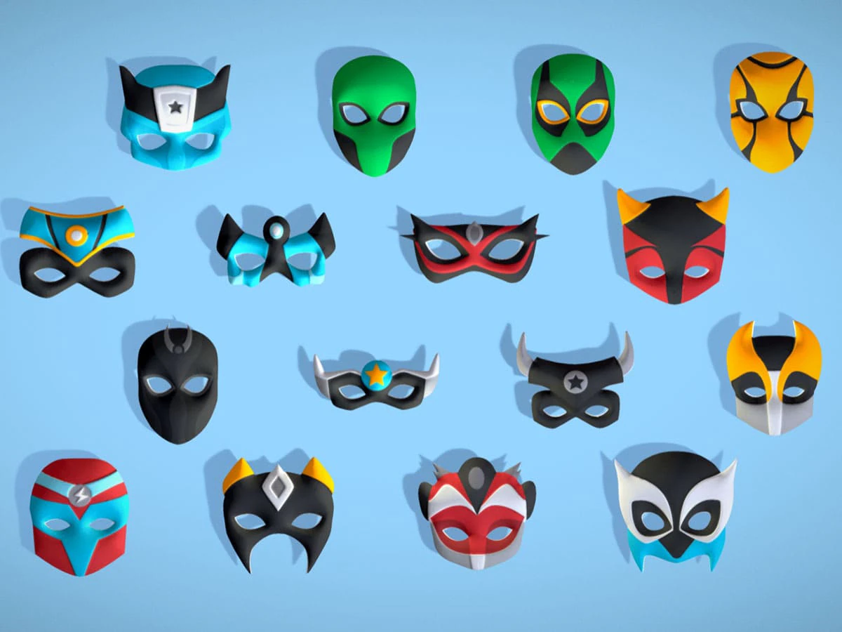 16 Kids Superhero Mask Pack - Cartoon Low Poly - Stylized Face Masks Collection 3D Model .c4d .max .obj .3ds .fbx .stl .blend 
