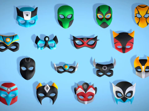 16 Kids Superhero Mask Pack - Cartoon Low Poly - Stylized Face Masks Collection 3D Model