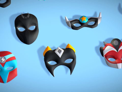 16 Kids Superhero Mask Pack - Cartoon Low Poly - Stylized Face Masks Collection 3D 모델