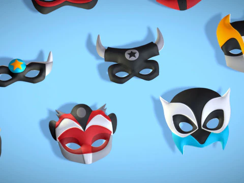 16 Kids Superhero Mask Pack - Cartoon Low Poly - Stylized Face Masks Collection 3D Model