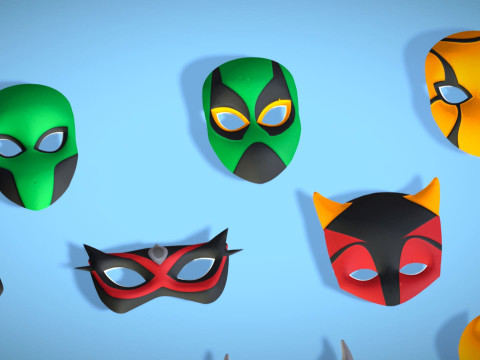 16 Kids Superhero Mask Pack - Cartoon Low Poly - Stylized Face Masks Collection 3D 모델