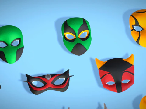 16 Kids Superhero Mask Pack - Cartoon Low Poly - Stylized Face Masks Collection 3D Model