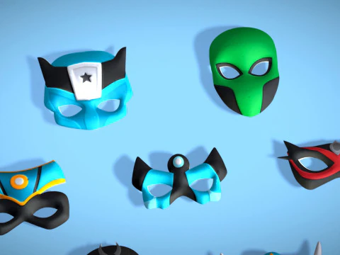 16 Kids Superhero Mask Pack - Cartoon Low Poly - Stylized Face Masks Collection 3D Model
