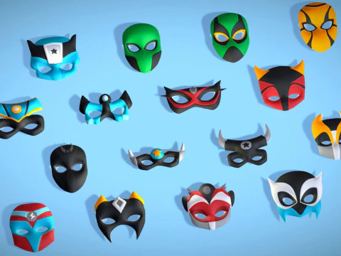 16 Kids Superhero Mask Pack - Cartoon Low Poly - Stylized Face Masks Collection 3D Model