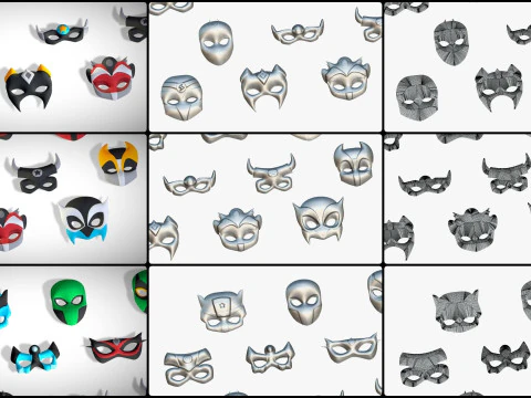 16 Kids Superhero Mask Pack - Cartoon Low Poly - Stylized Face Masks Collection 3D Model