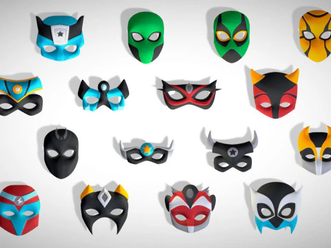 16 Kids Superhero Mask Pack - Cartoon Low Poly - Stylized Face Masks Collection 3D Model
