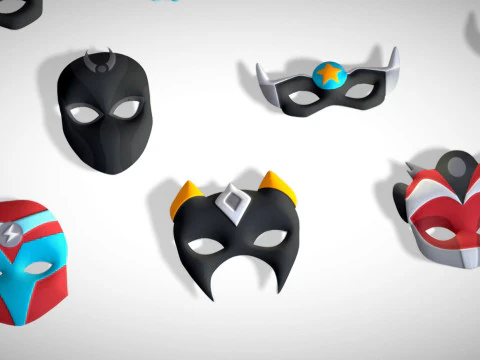 16 Kids Superhero Mask Pack - Cartoon Low Poly - Stylized Face Masks Collection 3D Model