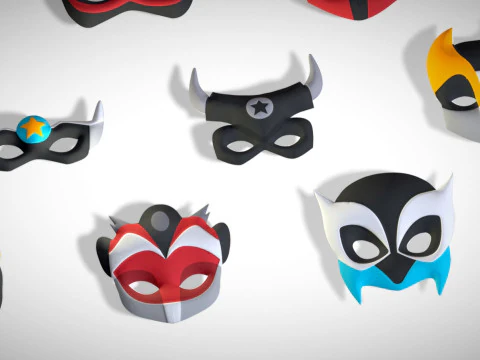 16 Kids Superhero Mask Pack - Cartoon Low Poly - Stylized Face Masks Collection 3D Model