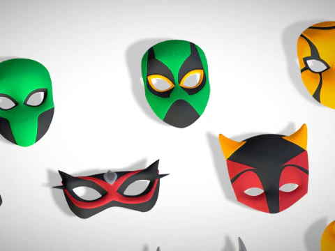 16 Kids Superhero Mask Pack - Cartoon Low Poly - Stylized Face Masks Collection 3D Model