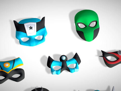 16 Kids Superhero Mask Pack - Cartoon Low Poly - Stylized Face Masks Collection 3D 모델