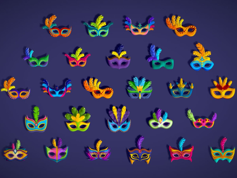 26 Carnival Feather Mask Pack 1 Kids Party Mask - Stylized Costume Masks Set 3D 모델 .c4d .max .obj .3ds .fbx .stl .blend
