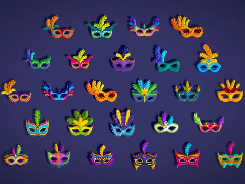 Pacote de 26 m&aacute;scaras de penas de carnaval 1 m&aacute;scara de festa infantil - conjunto de m&aacute;scaras de fantasia estilizadas Modelo 3D