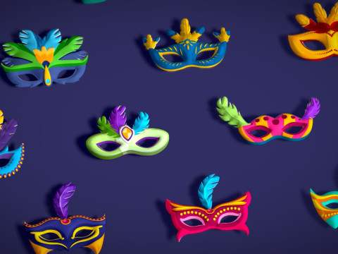 26 Carnival Feather Mask Pack 1 Kids Party Mask - Stylized Costume Masks Set 3D 모델