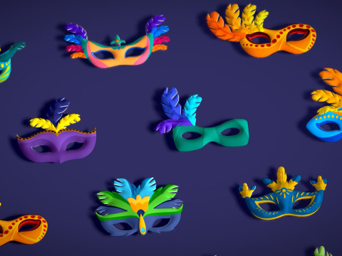 26 Carnival Feather Mask Pack 1 Kids Party Mask - Stylized Costume Masks Set 3D 모델