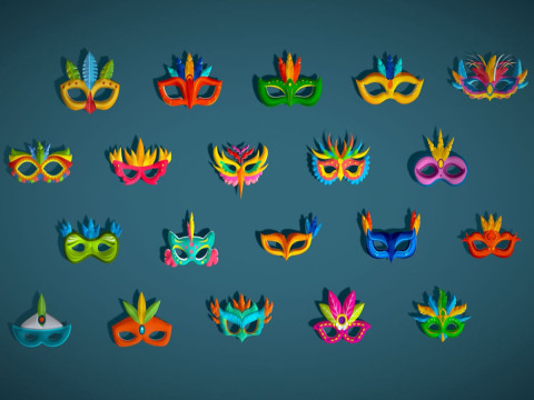 20 Carnival Feather Mask Pack 2 Kids Party Mask - Stylized Costume Masks Set 3D Модель