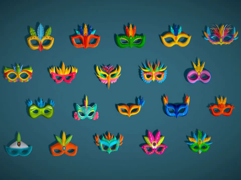 Pacote de 20 m&aacute;scaras de penas de carnaval 2 m&aacute;scaras de festa infantil - conjunto de m&aacute;scaras de fantasia estilizadas Modelo 3D