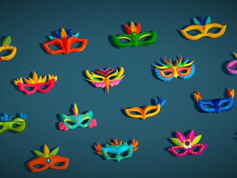 20 Carnival Feather Mask Pack 2 Kids Party Mask - Stylized Costume Masks Set 3D Model
