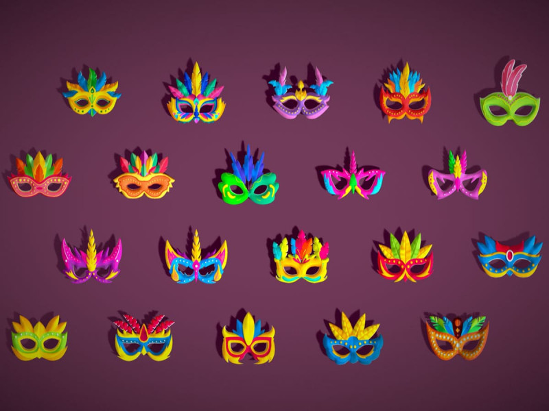 20 Carnival Feather Mask Pack 3 Kids Party Mask - Stylized Costume Masks Set Model 3D .c4d .max .obj .3ds .fbx .stl .blend