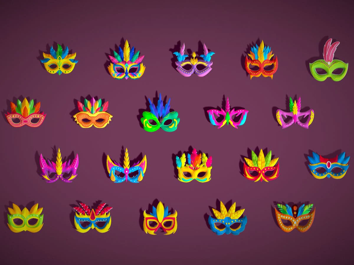 20 Carnival Feather Mask Pack 3 Kids Party Mask - Stylized Costume Masks Set 3D Model .c4d .max .obj .3ds .fbx .stl .blend
