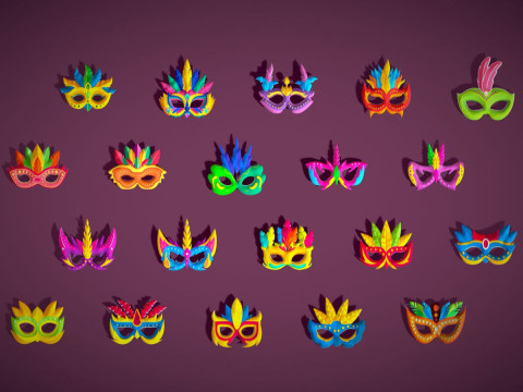 20 Carnival Feather Mask Pack 3 Kids Party Mask - Stylized Costume Masks Set 3D मॉडल