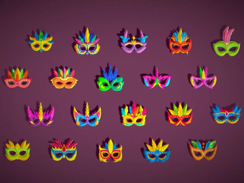 Pacote de 20 m&aacute;scaras de penas de carnaval 3 m&aacute;scaras de festa infantil - conjunto de m&aacute;scaras de fantasia estilizadas Modelo 3D