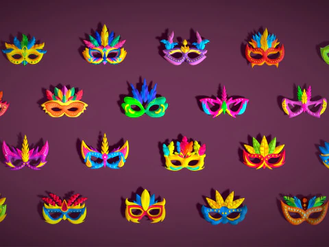 20 Carnival Feather Mask Pack 3 Kids Party Mask - Stylized Costume Masks Set 3D Model