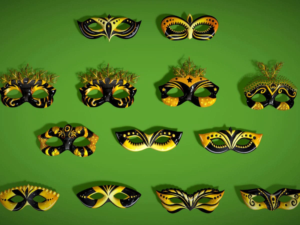13 Golden Black Metal Mask Pack - Designer Masks - Stylized Party Masks Set 3D Model .c4d .max .obj .3ds .fbx .stl .blend